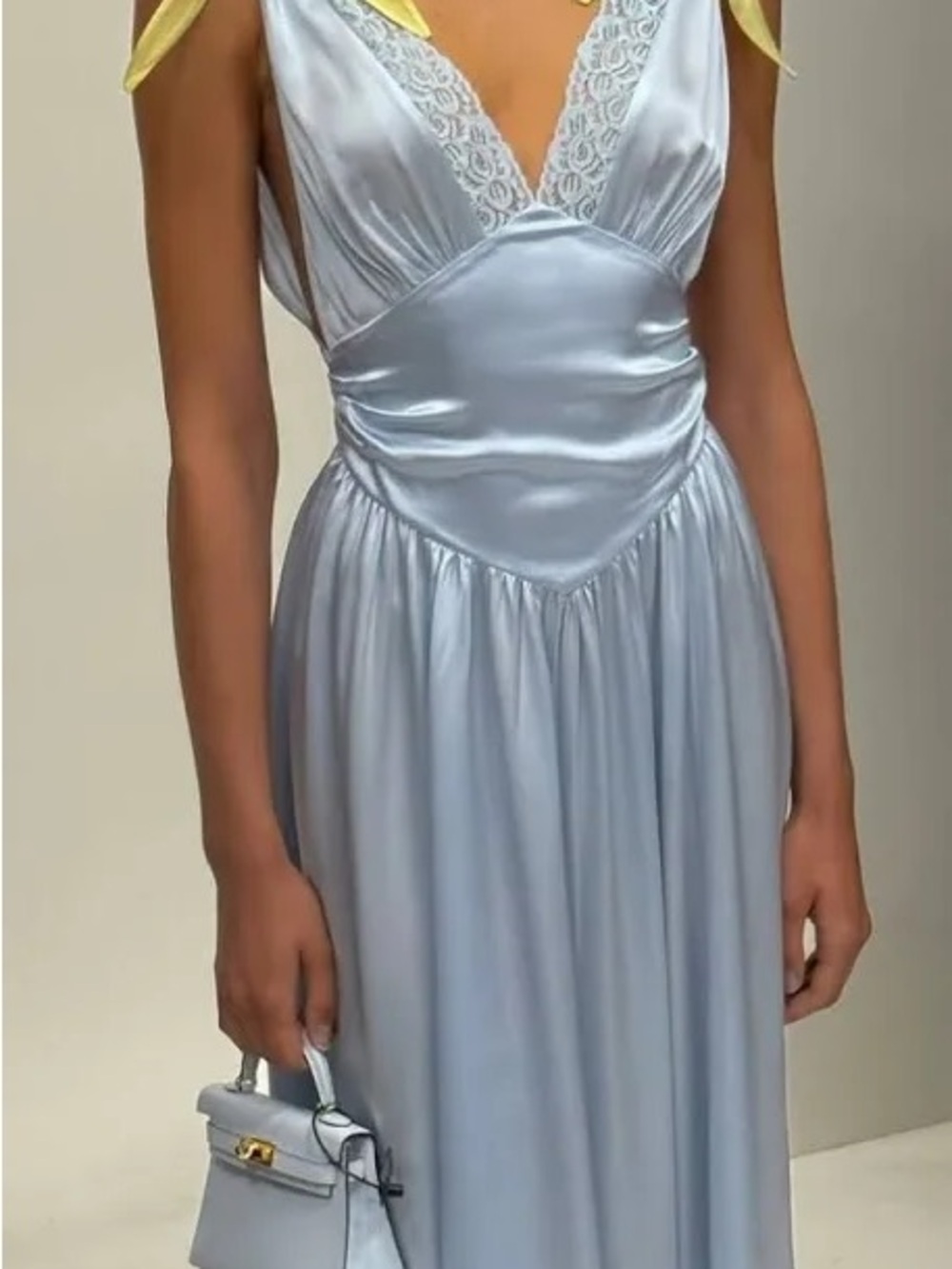 HELSA Pale Blue Lace-Trim Slip 100% Silk Dress with Yellow Strap Accent